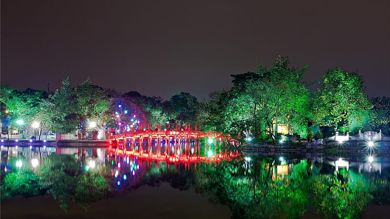beautiful sword lake at night in hanoi vietnam, shore, bridge, trees, lake, lights, night, HD wallpaper