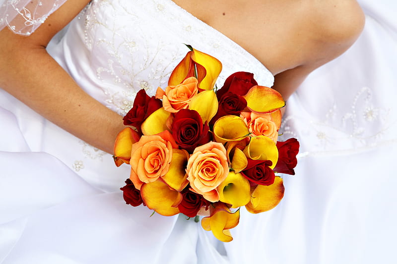 Bridal bouquet, red, pretty, rose, bride, yellow, bonito, graphy, nice, calla, flowers, beauty, harmony, lovely, roses, wedding, elegantly, cool, bouquet, flower, white, HD wallpaper