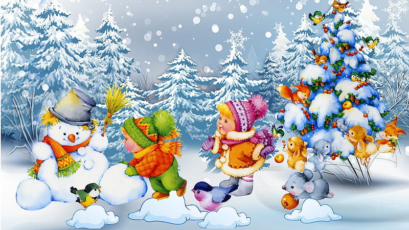 Snow Play, forest, feliz navidad, christmas, children, birds, snowman, winter, Firefox Persona theme, kids, HD wallpaper