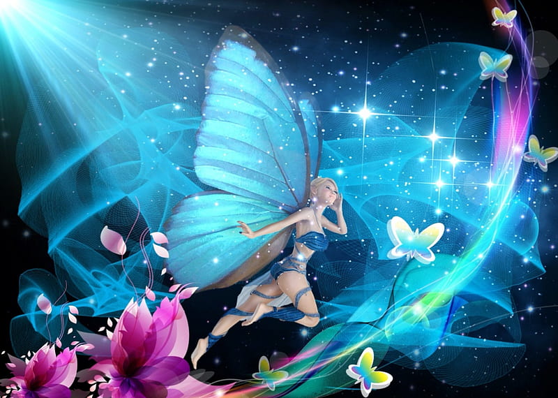 butterfly fairy, pretty, abstract, Butterfly, cute, cool, flower, pink, fairy, light, blue, HD wallpaper