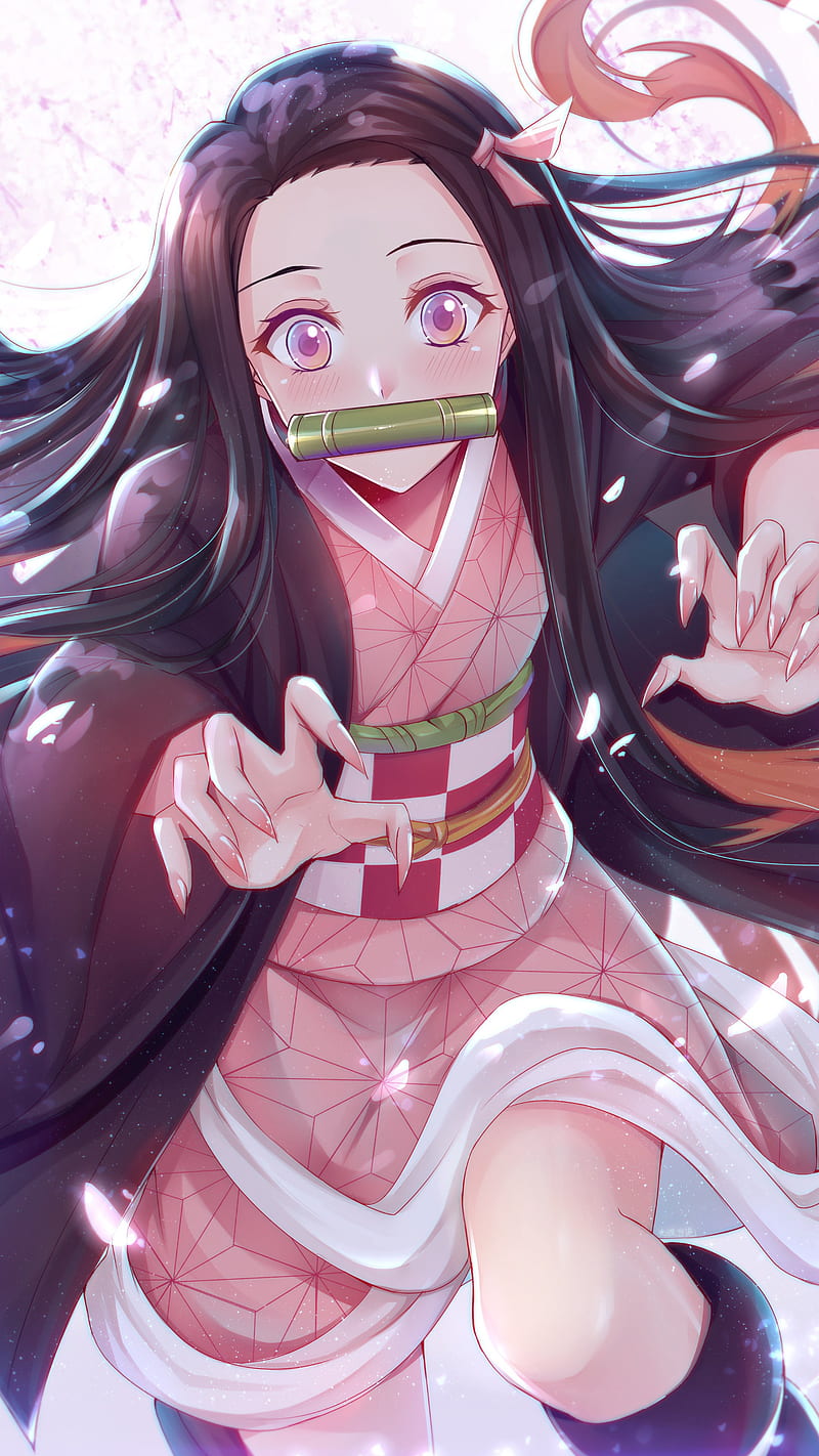 Nezuko , anime girl, cute anime girl, demon anime girl, demon slayer nezuko, kimetsu no yaiba, tanjiro, HD phone wallpaper