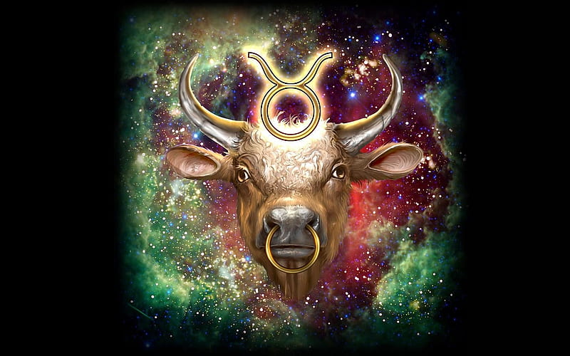 Zodiac ~ Taurus, fantasy, ciro marchetti, cow, green, black, pink, zodiac Taurus, HD wallpaper