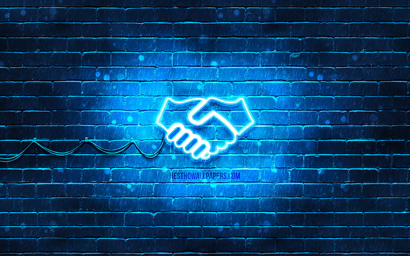 Handshake neon icon blue background, friendship concepts, neon symbols, Handshake, creative, neon icons, Handshake sign, business signs, Handshake icon, business icons, HD wallpaper
