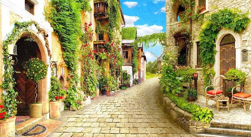 que village, pretty, mill, houses, greenery, bonito, que, stones, summer, village, walk, street, HD wallpaper