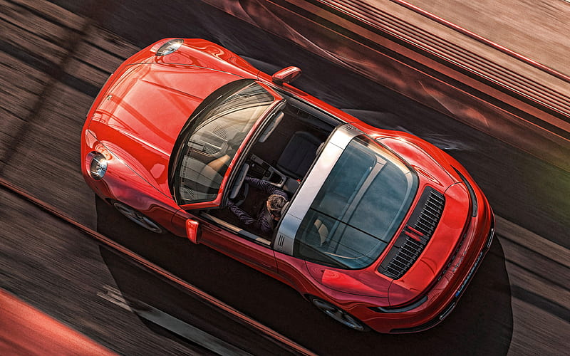 2021, Porsche 911 Targa top view, red convertible, new red 911 Targa, german sports cars, Porsche, HD wallpaper