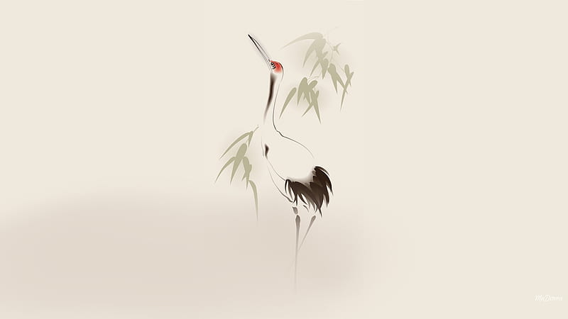 Heron and Bamboo, Oriental, art, heron, painting, Asian, bamboo, Firefox Persona theme, HD wallpaper