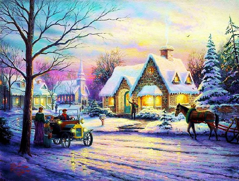 Vintage Winter, snow, car, cart, trees, horse, artwork, villahe, HD wallpaper
