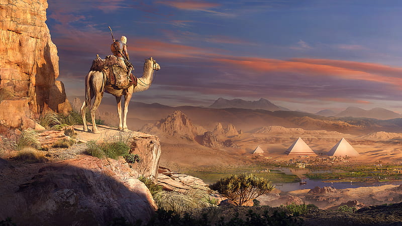 Pyramids Assassins Creed Origins, assassins-creed-origins, assassins-creed, games, xbox-games, ps-games, pc-games, camel, desert, HD wallpaper