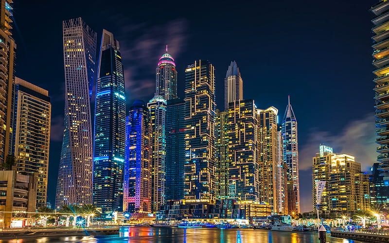 Dubai at night nightscapes, modern buildings, skyscrapers, United Arab Emirates, cityscapes, Dubai, UAE, HD wallpaper