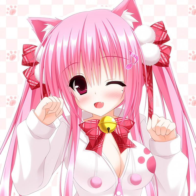 Nyan ^.^, nekomimi, pretty, neko, blush, adorable, bell, sweet, nice, anime, neko mimi, hot, anime girl, long hair, pink, female, lovely, ears, sexy, cute, paws, kawaii, girl, blushing, wink, pink hair, white, HD wallpaper