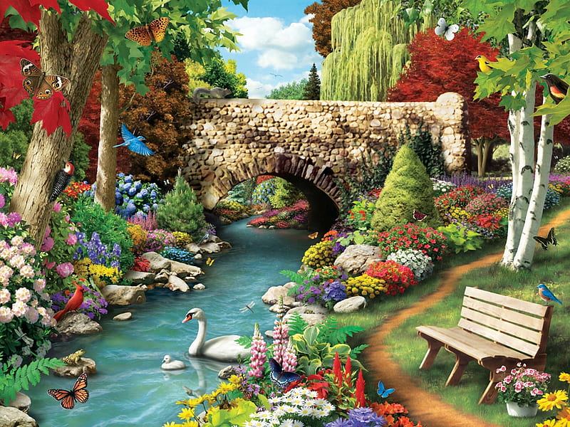 Little bridge, art, park, swan, lake, bird, bridge, painting, summer, flower, pictura, HD wallpaper