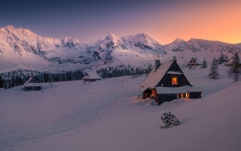 Winter in Poland, winter, mountains, snow, houses, Poland, Tatra, HD wallpaper