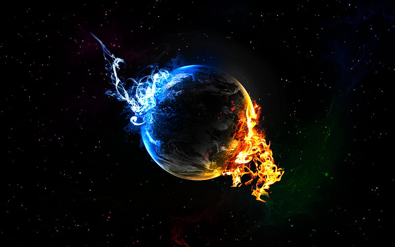 Fire And Ice, abstract, black, blue, earth, fire, ice, orange, space, water, HD wallpaper