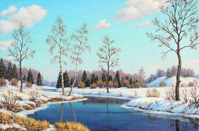 Filaretov AM. Early Spring, art, filaretov, painting, nature, river, HD wallpaper