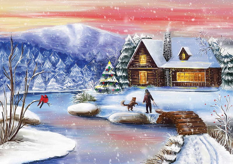 Christmas night at the chalet, snow, children, river, sunset, trees, winter, dog, house, artwork, painting, HD wallpaper