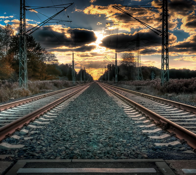 tracks railway, landscape, road, sunset, train, HD wallpaper