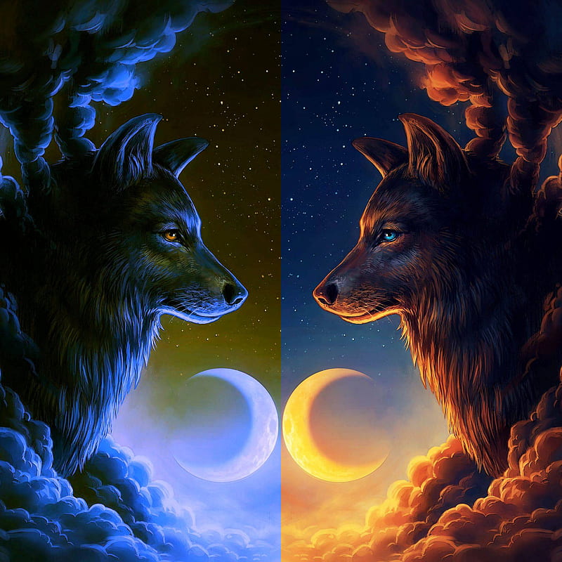 Wolf wall 7, wolves, moon, HD phone wallpaper