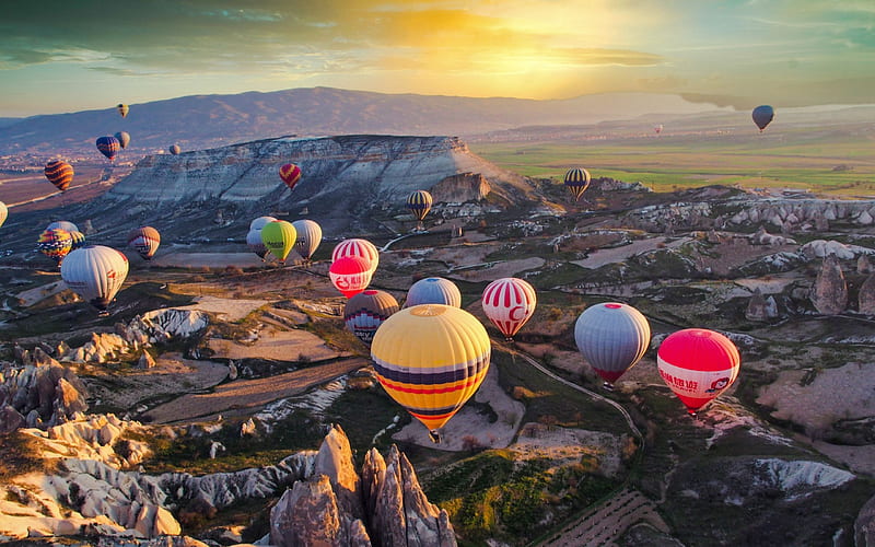 Hot Air Balloons, sunset, nature, Hot Air Balloon, balloons, mountains, HD wallpaper
