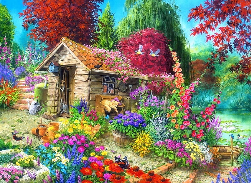 Garden Shed, colors, love four seasons, butterflies, spring, attractions in dreams, paintings, summer, flowers, garden, nature, butterfly designs, animals, HD wallpaper