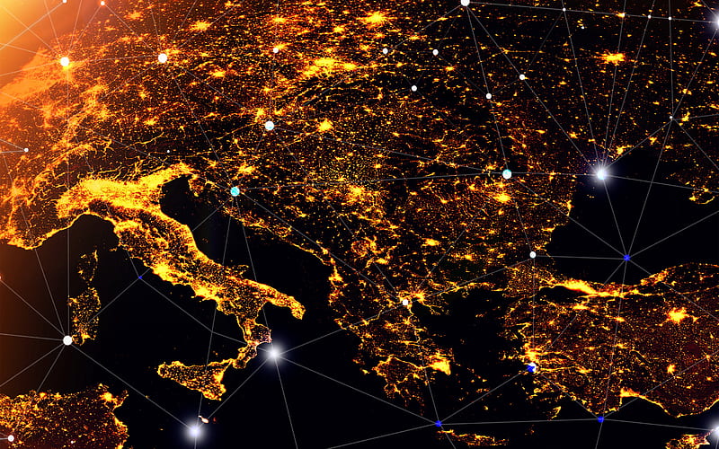 Europe from space, Europe at night, network concepts, digital technology, city lights from space, social networking concepts, communication technology, HD wallpaper