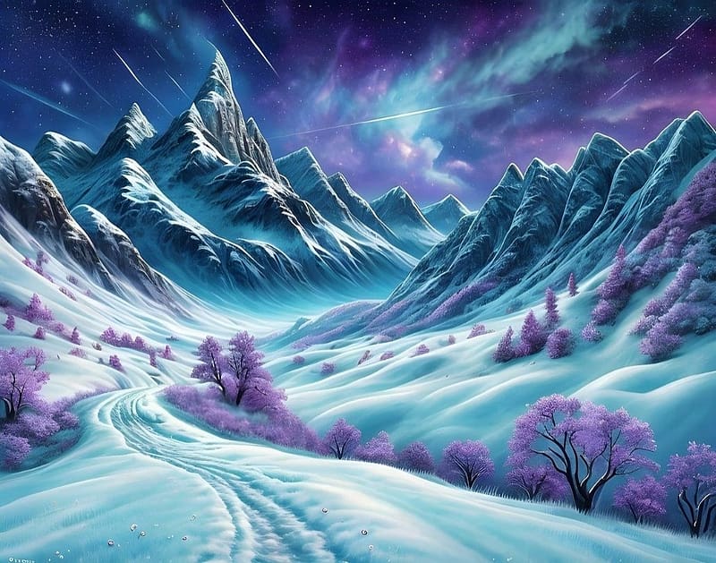 Winter mountains, lila, fak, utak, havas, ho, hegyek, tel, tajkep, teli hegyek, csillagok, HD wallpaper