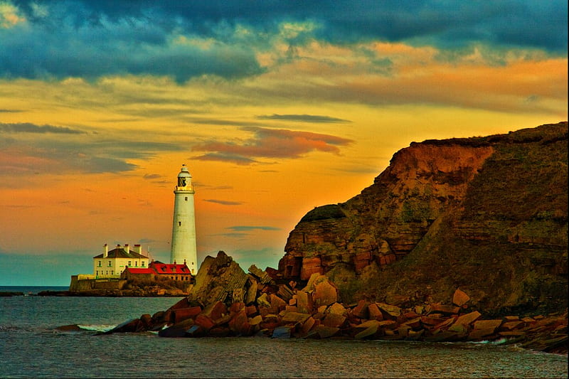 St Mary's Lighthouse, skies, beach, rocks, r, lighthouse, HD wallpaper