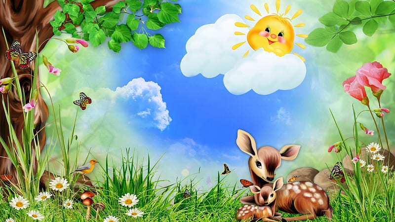 Fawntastic, fawn, butterflies, spring, trees, deer, doe, summer, flowers, sunshine, field, HD wallpaper