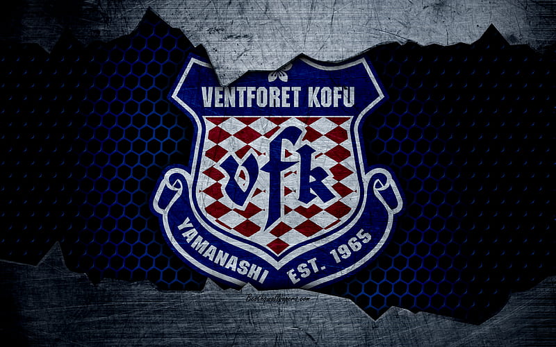 Ventforet Kofu logo, art, J-League, soccer, football club, FC Kofu, metal texture, HD wallpaper
