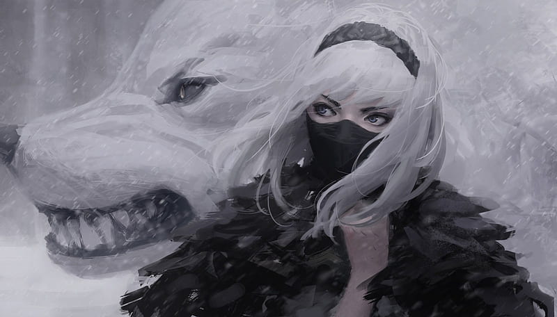 The white wolf and the girl, art, fantasy, black, wolf, white, mask, winter, iarna, luminos, HD wallpaper