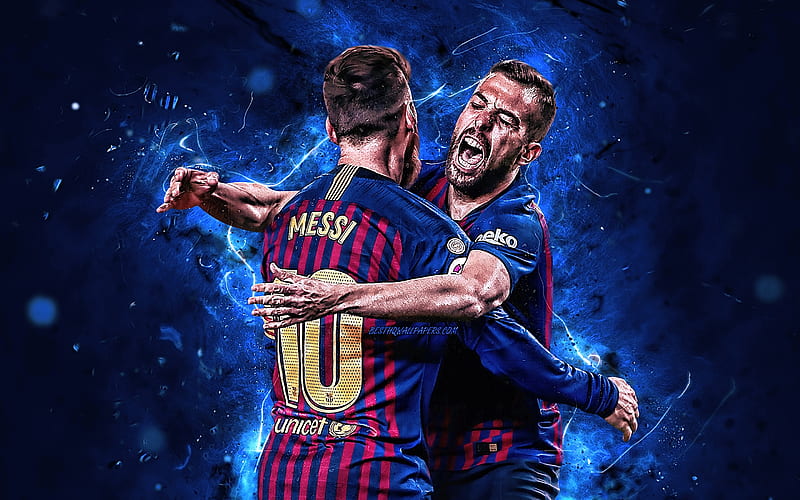 Messi & Alba, football, Lionel Messi, Barca, Soccer, FC Barcelona, barcelona, Jordi Alba, HD wallpaper