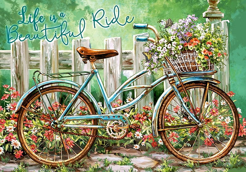 Life is a Beautiful Ride, fence, basket, painting, summer, bicycle, flowers, garden, artwork, HD wallpaper