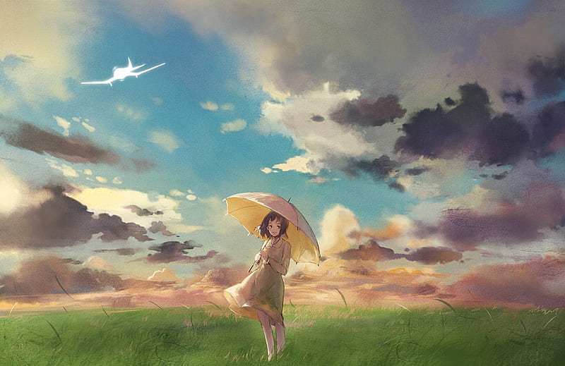 Naoko Satomi, Sky, Satomi, Naoko, Anime, Umbrella, Field, Smile, Clouds, Big Eyes, Plane, The Wind Rises, Anime Girl, HD wallpaper