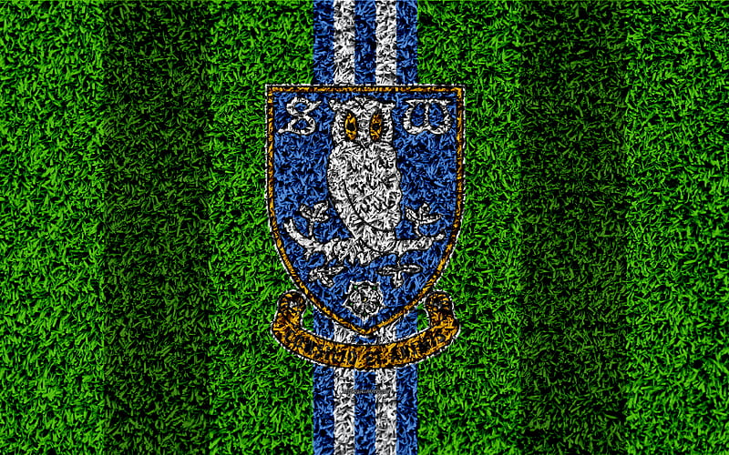 Sheffield Wednesday FC football lawn, logo, emblem, English football club, blue white lines, Football League Championship, grass texture, Sheffield, UK, England, football, HD wallpaper