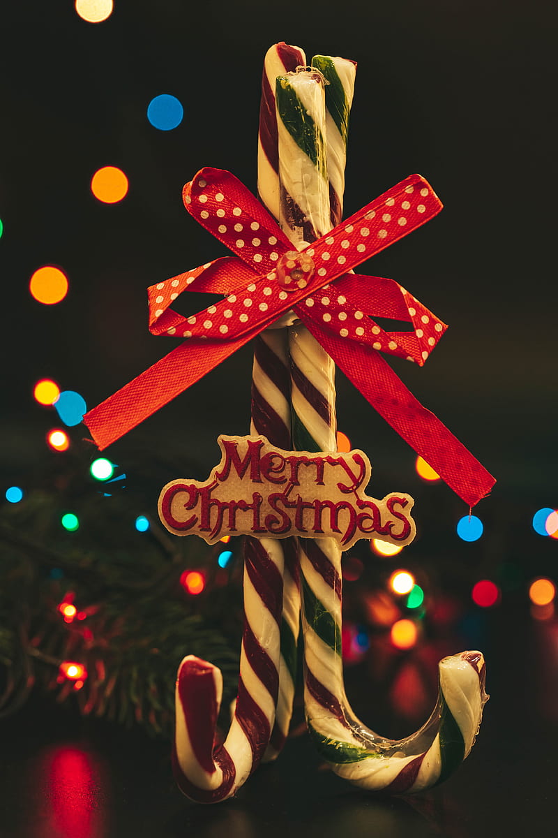 caramel sticks, candy, bow, christmas, HD phone wallpaper