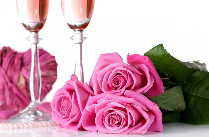 Valentine's Celebration, holidays, lovely, romantic, wine, glasses, love four seasons, bonito, roses, sweet, Valentines, heart, pearls, beloved valentines, pink, HD wallpaper