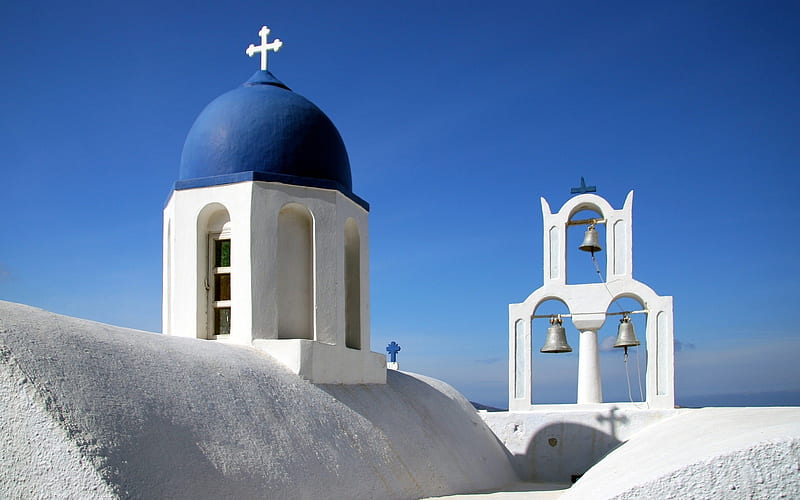 Church Bells in Santorini, Greece, church, Santorini, bells, Greece, cross, sky, HD wallpaper