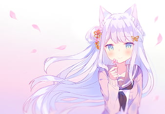 anime cat girl, cute, loli, long hair, animal ears, petals, wind, Anime, HD wallpaper