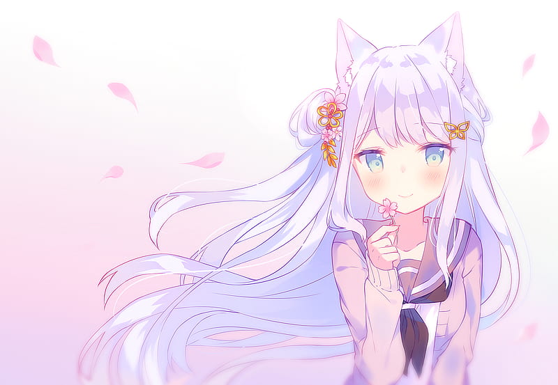 anime cat girl, cute, loli, long hair, animal ears, petals, wind, Anime, HD wallpaper
