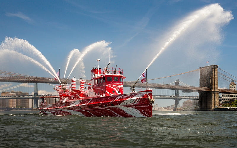 Powerboat in New York, powerboat, bridge, fountains, red, New York, boat, HD wallpaper