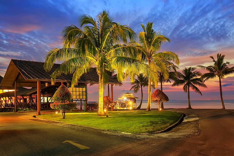Tropical evening, exotic, romantic, ocean, dusk, bonito, palms, sea, beach, restaurant, summer, evening, tropical, HD wallpaper