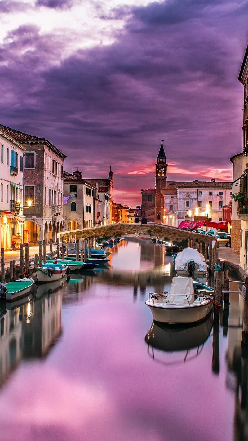 Venice , canal, reflection, boat, sunset, colorful, house, HD phone wallpaper