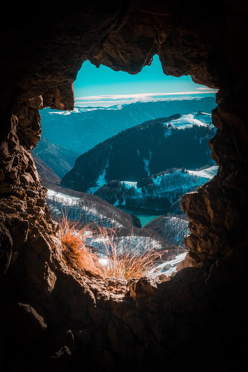 cave, mountains, view, landscape, HD phone wallpaper