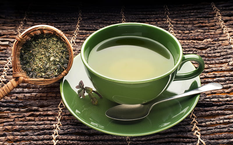 green tea, cup of tea, green cup, different drinks, tea leaves, tea concepts, HD wallpaper