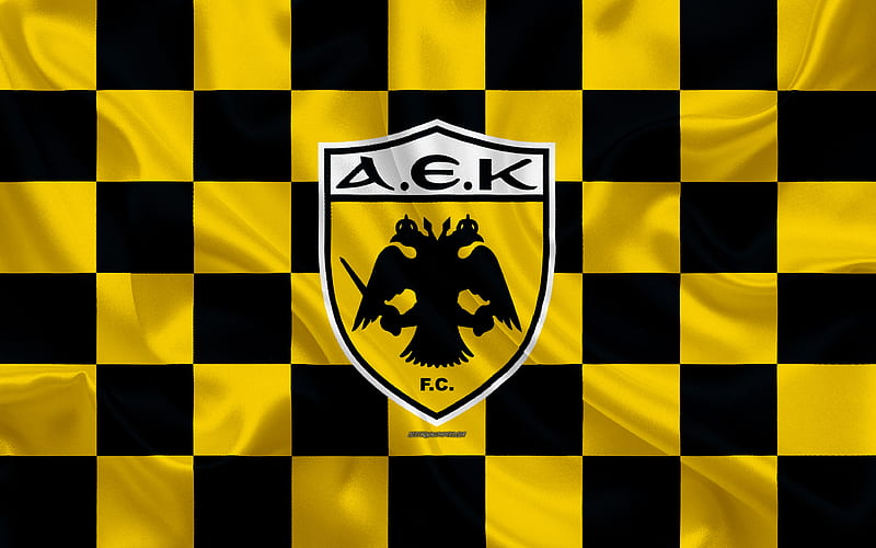 AEK Athens FC logo, creative art, yellow black checkered flag, Greek football club, Super League Greece, emblem, silk texture, Athens, Greece football, HD wallpaper
