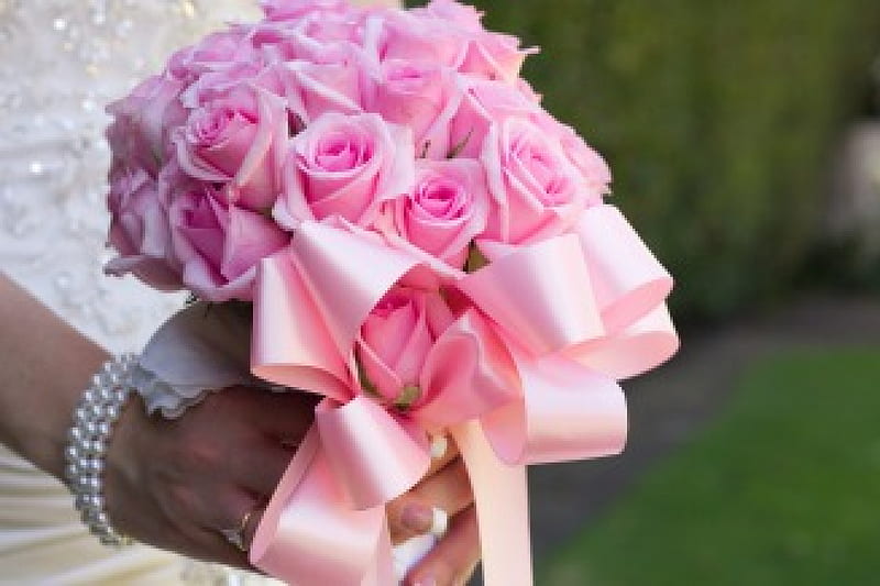 ~ New Year Wedding ~, light pink roses, innocence, fresh, celebration, ribbon, new year, bow, wedding, bouquet, love, siempre, feminine, flowers, bright day, nature, HD wallpaper