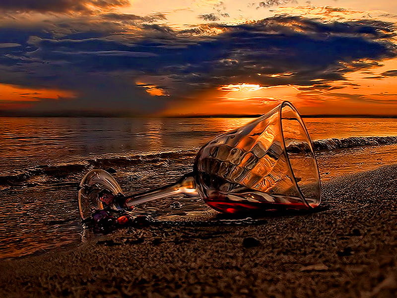 Sunset with a glass of cognac, cognac, sunset, sky, clouds, sea, beach, nature, evening, sands, night, HD wallpaper