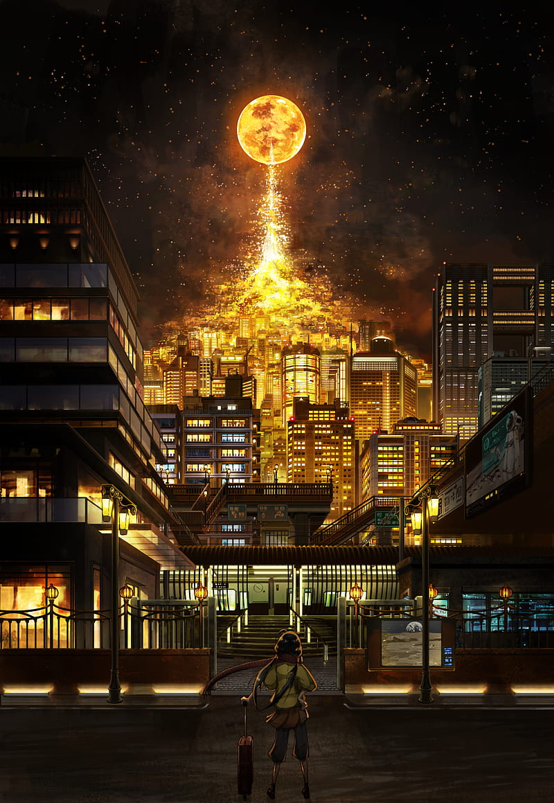 Japan Moon, city, night, HD phone wallpaper