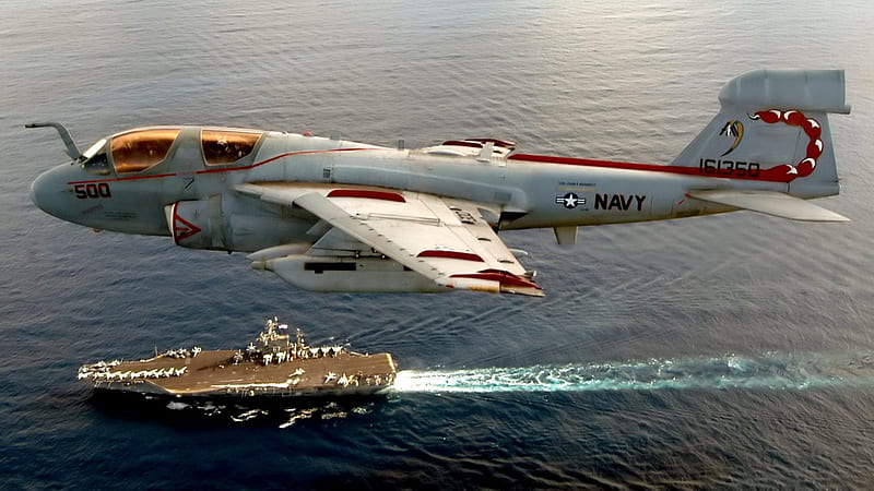 A6 intruder over aircraft carrier, military, plane, ship, sea, HD wallpaper