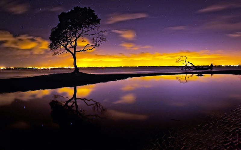 Beautiful Gold & Purple Evening, dusk, twilight, sky, clouds, gold, purple, sunsets, evening, reflection, HD wallpaper