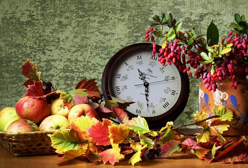 Still life, change, autumn, time, apples, yellow, clock, abstract, fruit, leaves, season, other, HD wallpaper